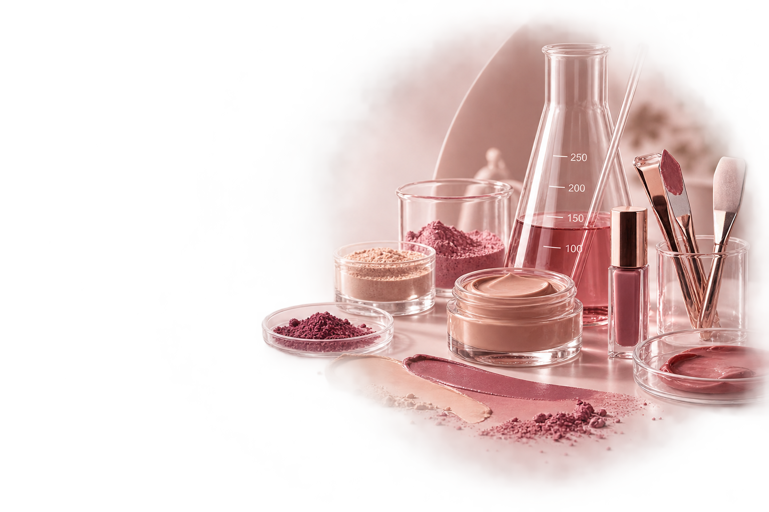 Composição editorial de cosméticos em tons rosé